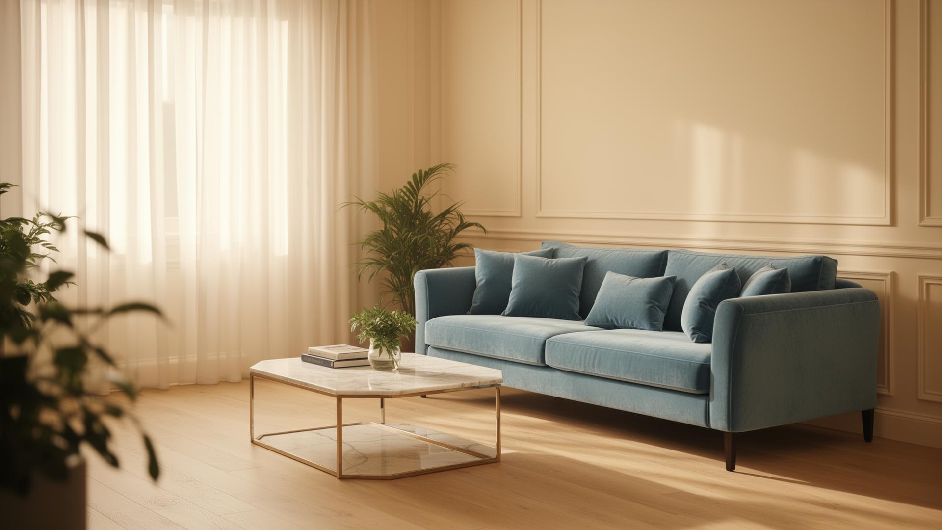 Serene luxury living room with a powder-blue velvet sofa bathed in soft morning light